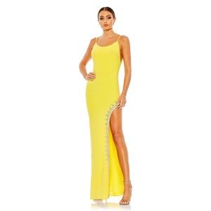 Mac Duggal 42002 Rhinestone Encrusted Side Slit Cami Bodycon Gown Yello Size 4